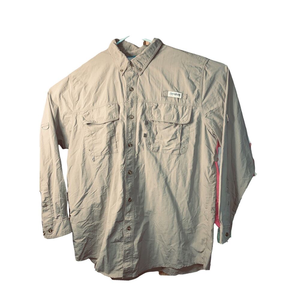 2XL Magellan Outdoor Mens Tan Fish Gear Angler Fit Collared Button Down Shirt